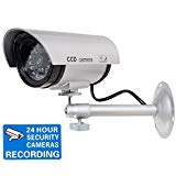 WALI Bullet Dummy Fake Surveillance Security CCTV Dome Camera Indoor Outdoor with one LED Light + Warning Security Alert Sticker Decals (TC-S1), Silver