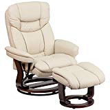 Flash Furniture Contemporary Beige Leather Recliner and Ottoman with Swiveling Mahogany Wood Base