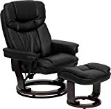 Flash Furniture Contemporary Black Leather Recliner and Ottoman with Swiveling Mahogany Wood Base