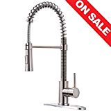 KINGO HOME Lead Free Modern Stainless Steel Single Handle Pull Down Sprayer Spring Brushed Nickel Kitchen Faucet, Kitchen Sink Faucet with Deck Plate