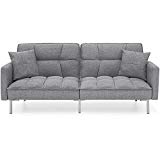 Best Choice Products Living Room Convertible Linen Fabric Tufted Splitback Sleeper Plush Futon Couch Furniture w/Pillows - Dark Gray