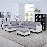DIVANO ROMA FURNITURE Classic Two Tone Large Linen Fabric and Bonded Leather Living Room Sectional Sofa (White/Light Grey)