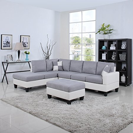 9. Classic Two Tone Large Linen Fabric and Bonded Leather Living Room Sectional Sofa