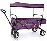 WonderFold Outdoor High-End NEW GENERATION Outdoor Utility Collapsible Folding Wagon with Canopy, Auto Locks, Spring Bounce, Brake, Stand, EVA Wide Tire (Purple)