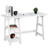 Writing Computer Desk Laptop Table White Trestle Home Office Desk Study Reading Desk Workstation with 2 Open Tiers Shelves with Hutch