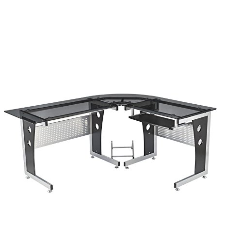5. HomCom 64’’ Modern L-Shaped Glasstop Computer Desk (Black)
