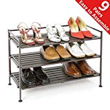 Seville Classics 3-Tier Stackable 9-Pair Woodgrain Resin Slat Shelf Sturdy Metal Frame Shoe Storage Rack Organizer, Perfect for Bedroom, Closet, Entryway, Dorm Room, Espresso