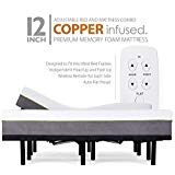 Adjustable Bed Frame and 12 Inch Split King Copper Infused Cool Memory Foam Mattress Medium Firm Feel CertiPUR-US Certified