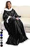 Catalonia Sherpa Wearable Blanket with Sleeves Arms,Super Soft Warm Comfy Large Fleece Plush Sleeved TV Throws Wrap Robe Blanket for Adult Women and Men Black