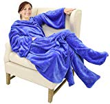 Catalonia Wearable Fleece Blanket with Sleeves and Foot Pockets for Adult Women Men,Micro Plush Comfy Wrap Sleeved Throw Blanket Robe Large,Blue