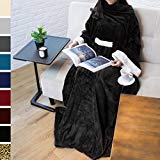 PAVILIA Deluxe Fleece Blanket with Sleeves for Adult, Men, and Women| Elegant, Cozy, Warm, Extra Soft, Plush, Functional, Lightweight Wearable Throw (Black)