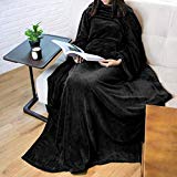 PAVILIA Premium Fleece Blanket with Sleeves for Adult, Women, Men | Warm, Cozy, Extra Soft, Microplush, Functional, Lightweight Wearable Throw (Black, Kangaroo Pocket)