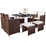 Devoko 9 Pieces Patio Dining Sets Outdoor Space Saving Rattan Chairs with Glass Table Patio Furniture Sets Cushioned Seating and Back Sectional Conversation Set (Beige)