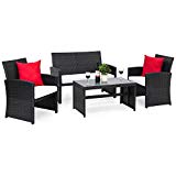 Best Choice Products 4-Piece Wicker Patio Conversation Furniture Set with 4 Seats and Tempered Glass Top Table, Black
