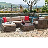 SUNCROWN Outdoor Patio Furniture Sectional Sofa and Chair (6-Piece Set) All-Weather Brown Wicker with Seat Cushion and Modern Glass Coffee Table, Garden, Backyard, Pool, Waterproof Cover