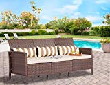 Solaura Outdoor Furniture Brown Wicker Patio Sofa (Seats 3) Light Brown Cushions & Classic Gold Stripe Throw Pillows