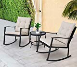 SOLAURA Outdoor Patio Furniture 3-Piece Rocking High-Back Chairs Bistro Set Black Wicker with Beige Cushions - Two Chairs with Glass Coffee Table