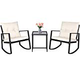 SUNCROWN Outdoor 3-Piece Rocking Bistro Set: Black Wicker Furniture-Two Chairs with Glass Coffee Table (Beige Cushion)