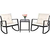 SUNCROWN Outdoor 3-Piece Rocking Bistro Set: Black Wicker Furniture-Two Chairs with Glass Coffee Table (Beige Cushion)