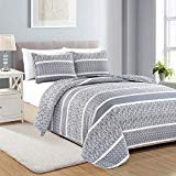 Reversible Paisley Striped Bedspread. King Size Quilt with 2 Shams. 3-Piece Reversible All Season Quilt Set. Grey Quilt Coverlet Bed Set. Kadi Collection.